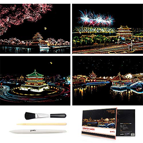 C-pop Scratch Art, Scratch Art Paper DIY Night View Scratchboard for Adult and Kids, with Stylus/Black Brush,8.2''x11.4'' (Ancient Buildings)