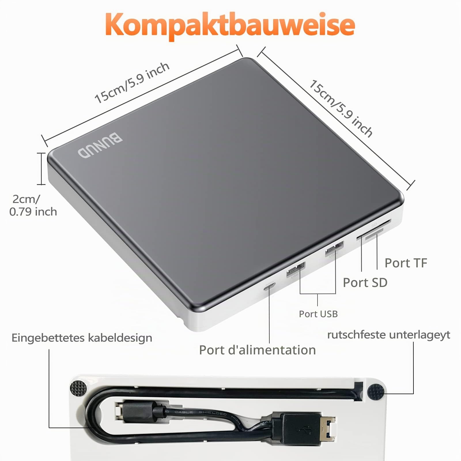 Lecteur externe Blu-ray CD DVD USB 3.0 & Type-C Graveur CD/DVD Blu-ray 2 ports USB & SD/TF Compatible PC Portable Windows 11/10 Mac MacBook
