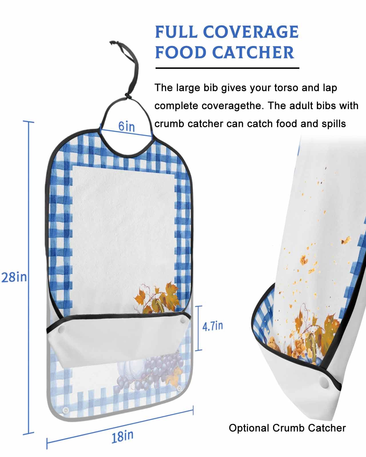 Fall Thanksgiving Blue Pumpkin Adult Bib for Adults Men, Women, Buffalo Plaid Leaves Fruit Washable & Adjustable Terry Cloth Bib with Crumb Catcher Reusable Waterproof Clothing Clothes Protector Apron