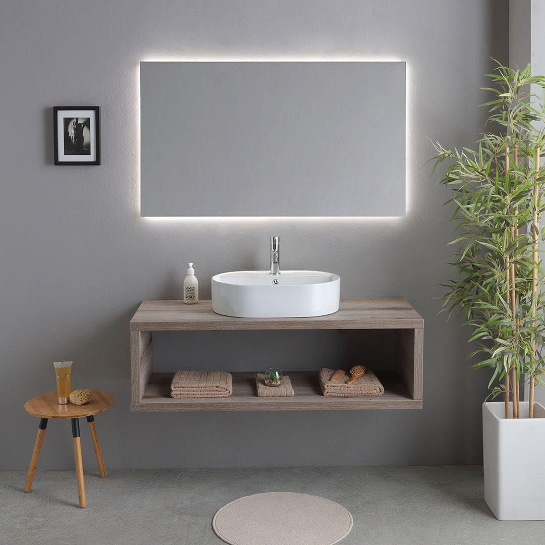 Kiamami Valentina - Mueble de baño suspendido 120cm Roble fósil con Lavabo Ovalado Blanco | Kyoto