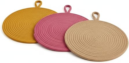 BOBBINY Round Trivet Mats for Hot Dishes with Hanging Loop | Set of 3 with 18 cm Diameter | Cotton Round Thick Heat Resistant Pot Holders