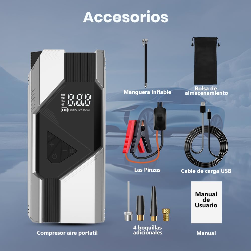 Junsun 10000mAh Compresor de Aire 150 PSI con Arrancador de Batería 12V y Power Bank 18W, Inflador Portátil para Coche Gasolina y Diésel, Arranque de Emergencia, Pantalla LCD, Carga Rápida y Luz LED