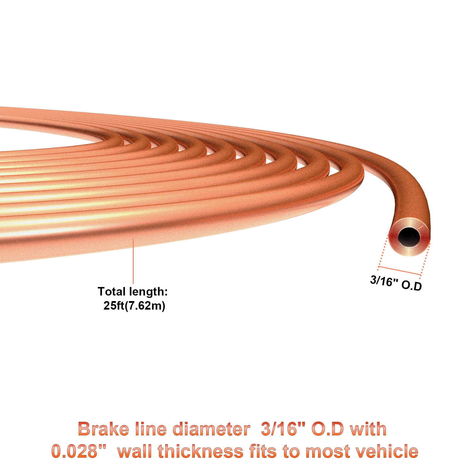 HYLDG Upgraded Brake Line Tubing Kit, 25 Feet of 3/16 Inch (4.75 mm) Copper Alloy Flexible Tube Replacement Tubing Coil (0.028