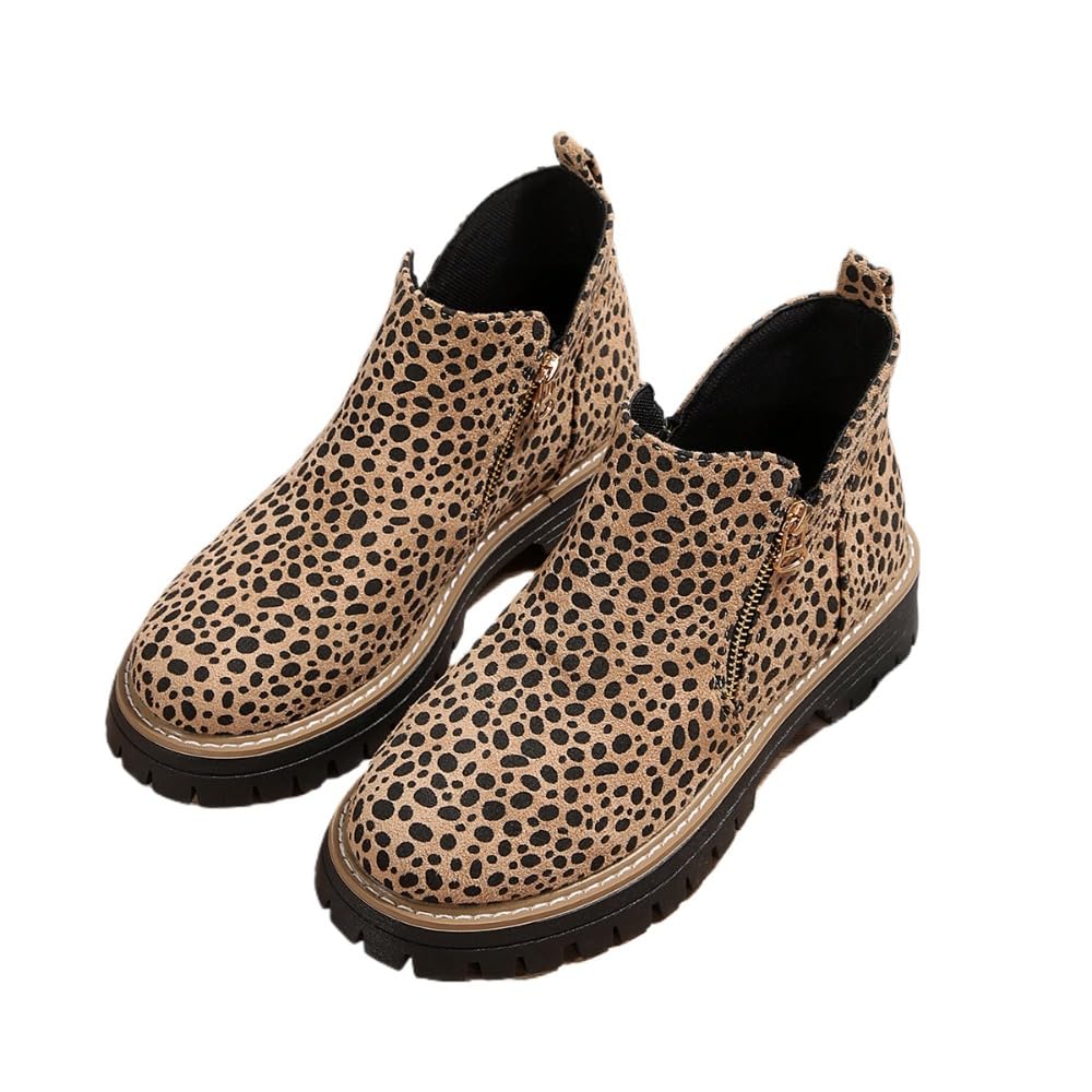 Womens Leopard Cowgirl Chelsea Boots Zip Up Ladies Round Toe Chunky Low Heel Platform Short Cowboy Low Riding