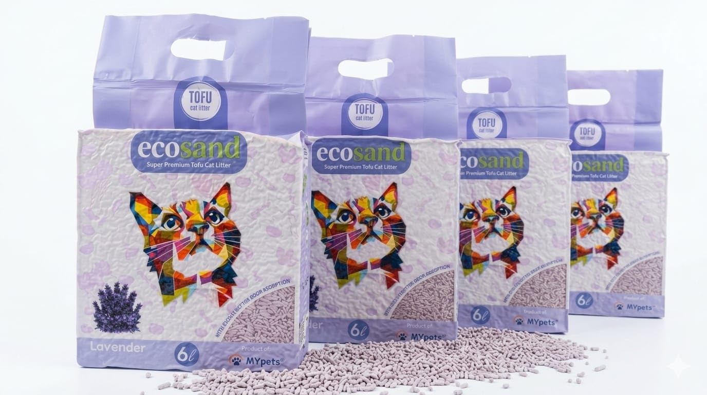 EcoSand Arena para Gatos de Tofu – Súper Premium, Suave y Aglutinante, Ecológica y Biodegradable, Control de Olores, Aroma Lavanda – 24L Pack de 4
