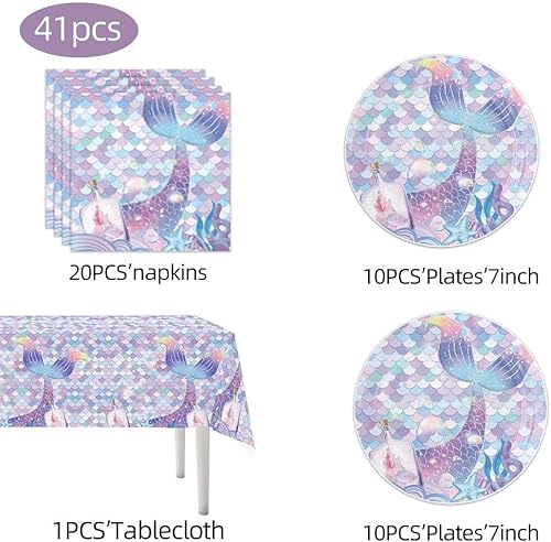 Miniatura 2 de 41 piezas de suministros de fiesta temática de sirena, 20 platos, 20 servilletas y 1 mantel, decoraciones de fiesta de cumpleaños de sirena para
