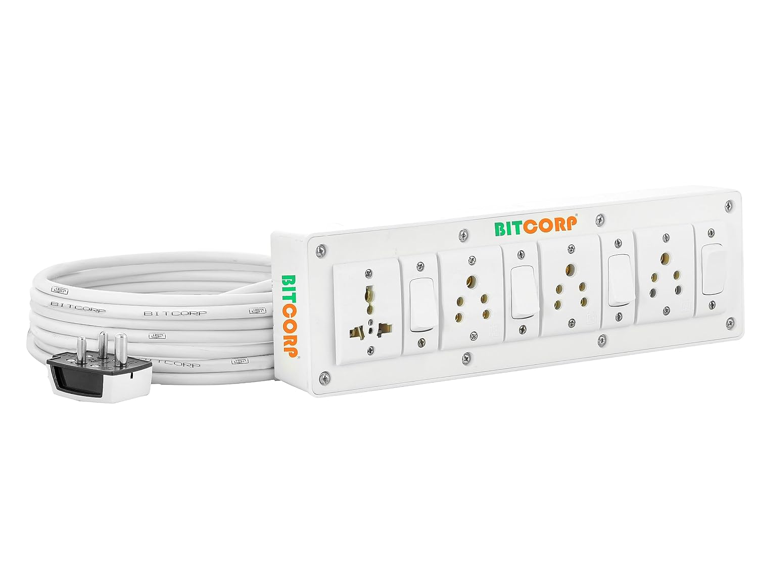 Bitcorp Power Extension Board 4 Socket 4 Switch, 6A 2000W Surge Protector 5 Meter Electric Cord for Appliances, Fridge, Home, Office, Computer, AC (White) 220 Volts Bitcorp Power Extension Board 4 Socket 4 Switch, 6A 2000W Surge Protector 5 Meter Electric Cord for Appliances, Fridge, Home, Office, Computer, AC (White) 220 Volts