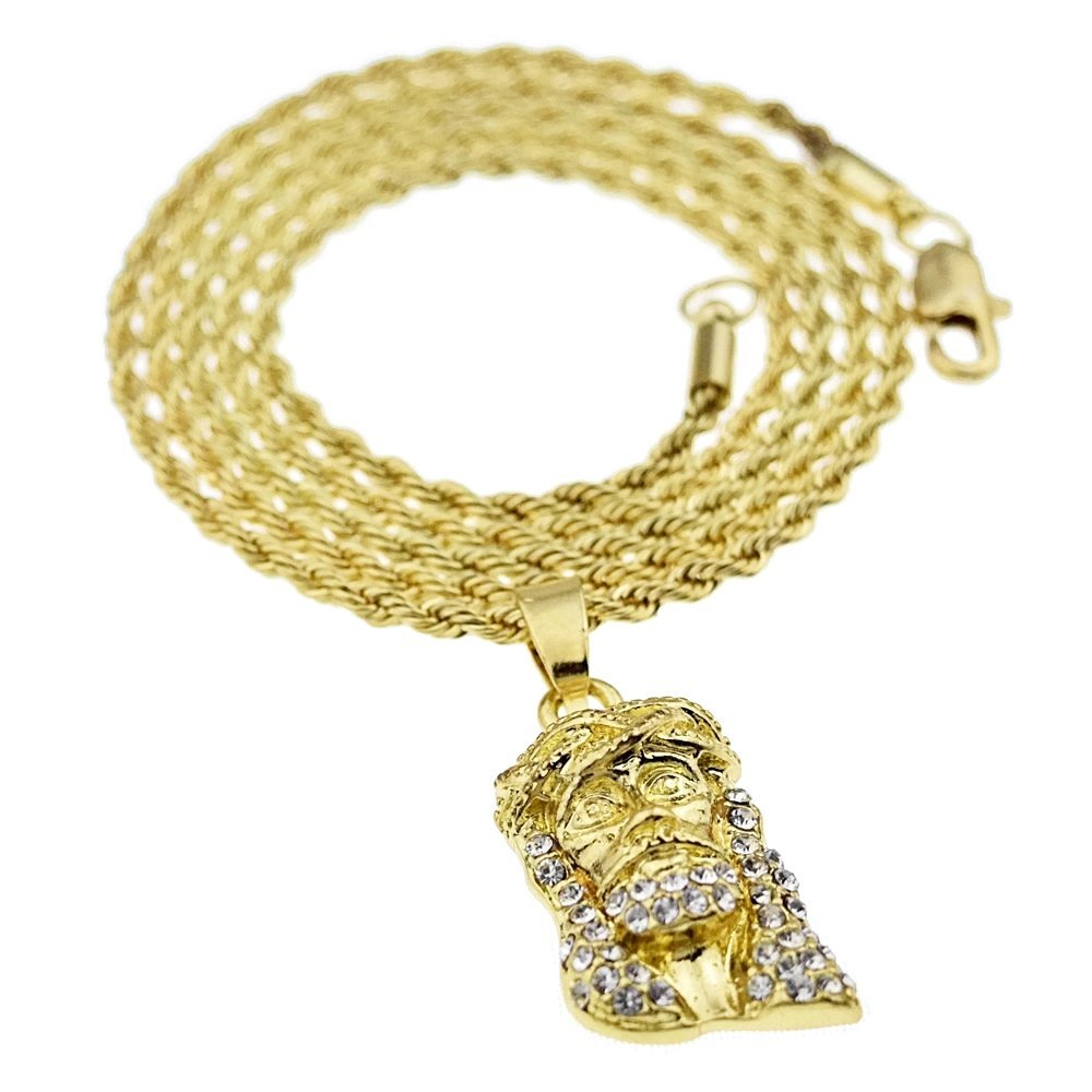 Bling Cartel Micro Jesus Piece Iced Pendant Hip Hop Chain Gold Tone 24" in Rope Necklace