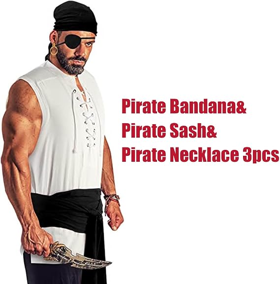 Pirate Costume Accessories Women Men Pirate Bandana Headband Head Scarf Pirate Sash Belt and Pirate Jewelry 3pcs