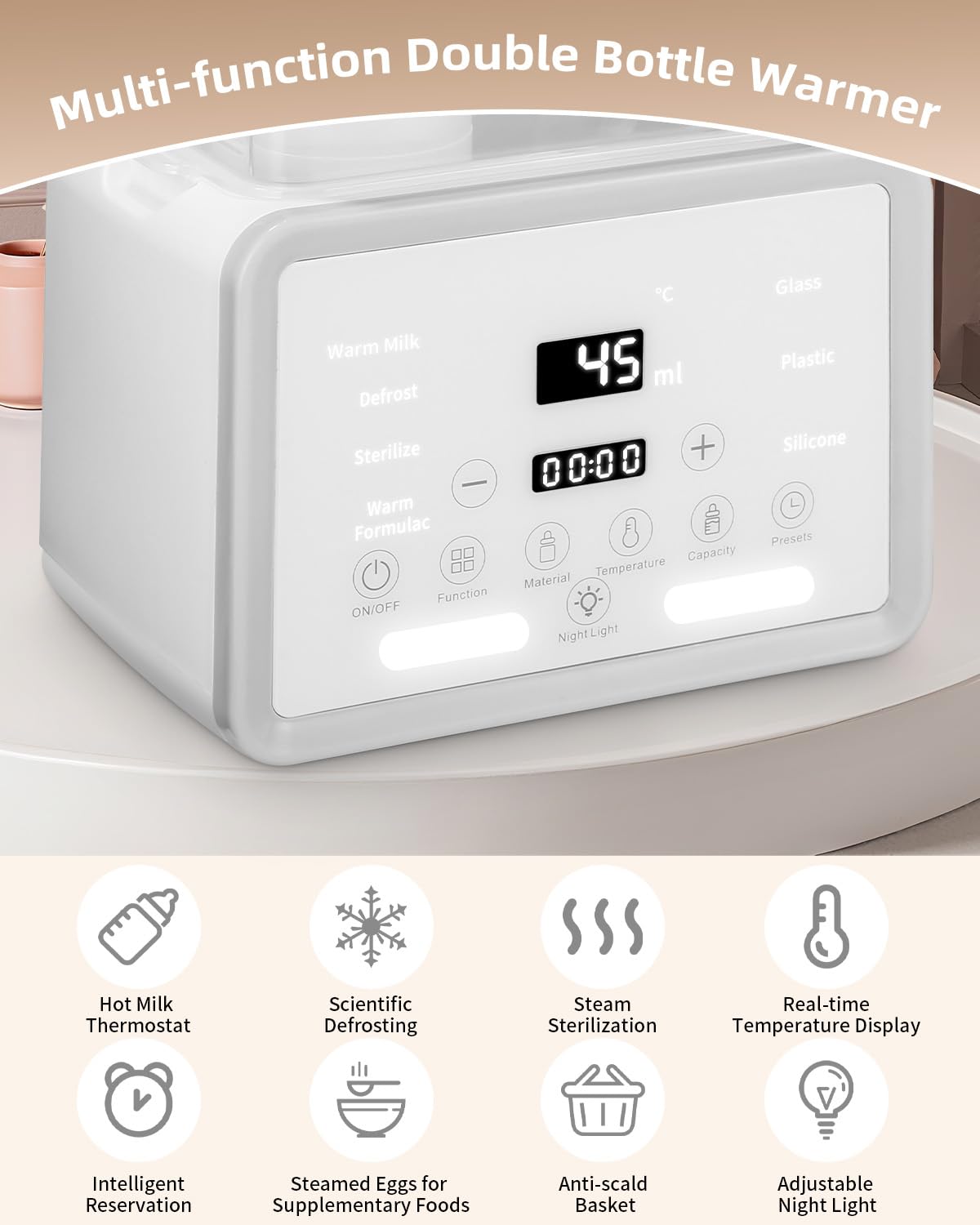 Sterilizzatore per biberon per biberon 8 in 1Fast riscaldamento alimenti per bambini, 2 bottiglie contemporaneamente, sterilizzatore a vapore regolabile per biberon con display LCD