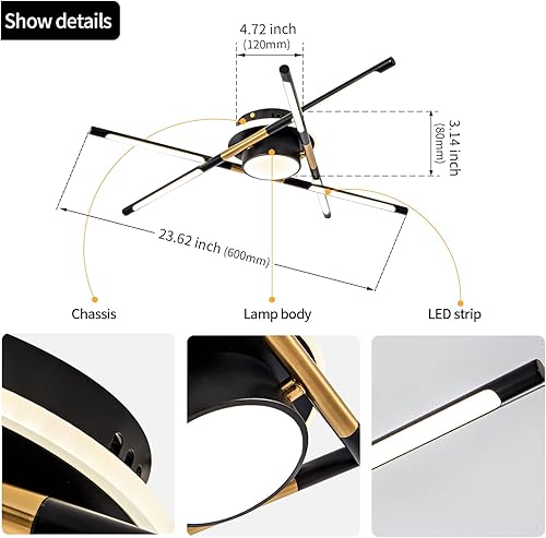 Miniatura 3 de Lámpara de techo LED moderna en negro y dorado industrial Sputnik luz de techo iluminación decorativa comedor, sala de estar, dormitorio, 23.6