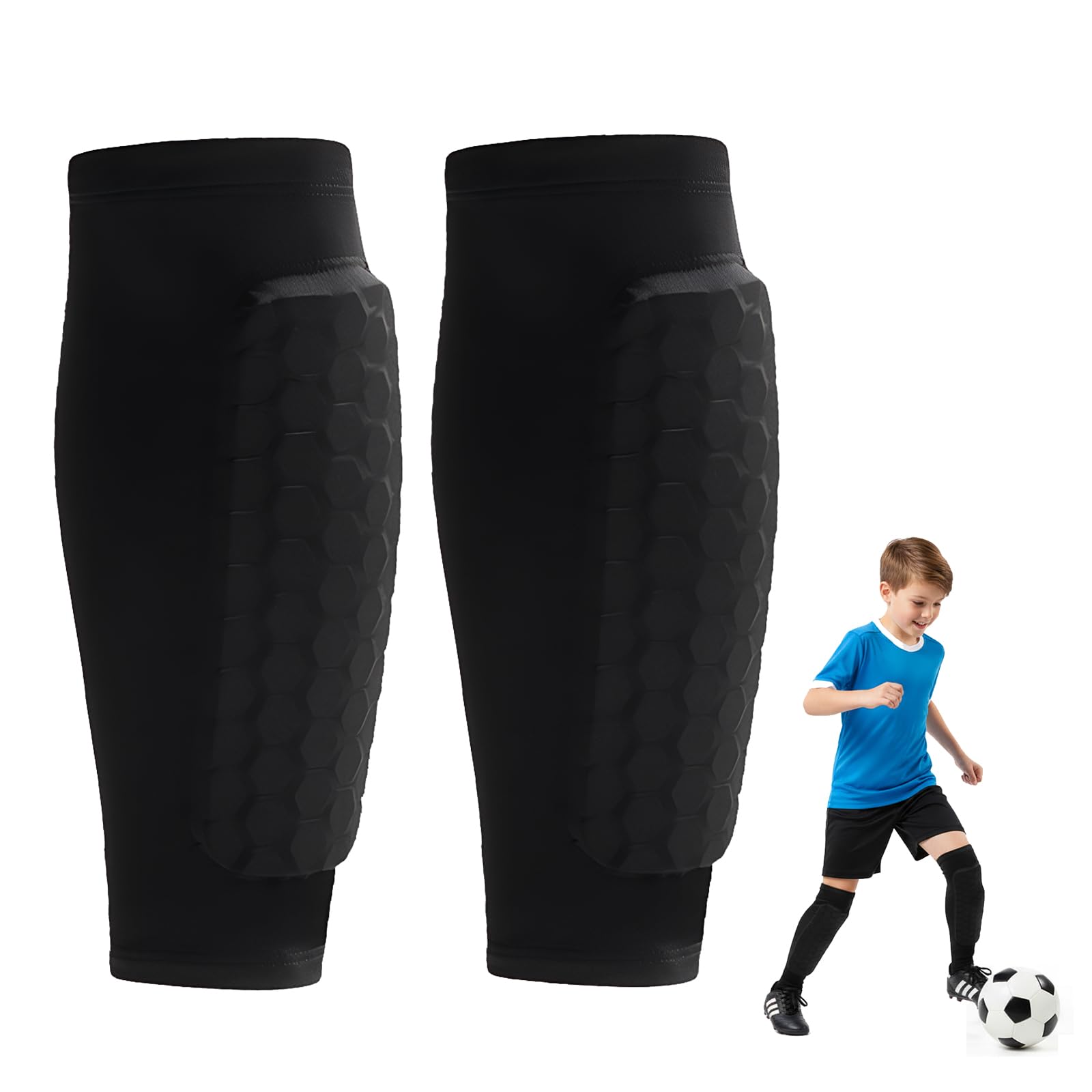 1 Pair Football Shin Pads Boys, Soccer Shin Guards Shindefender Guard Sleeves Honeycomb Compression Defender Leg Protector for Kids Children Boys Girls Football Rugby Basketball Sports (Black, M)