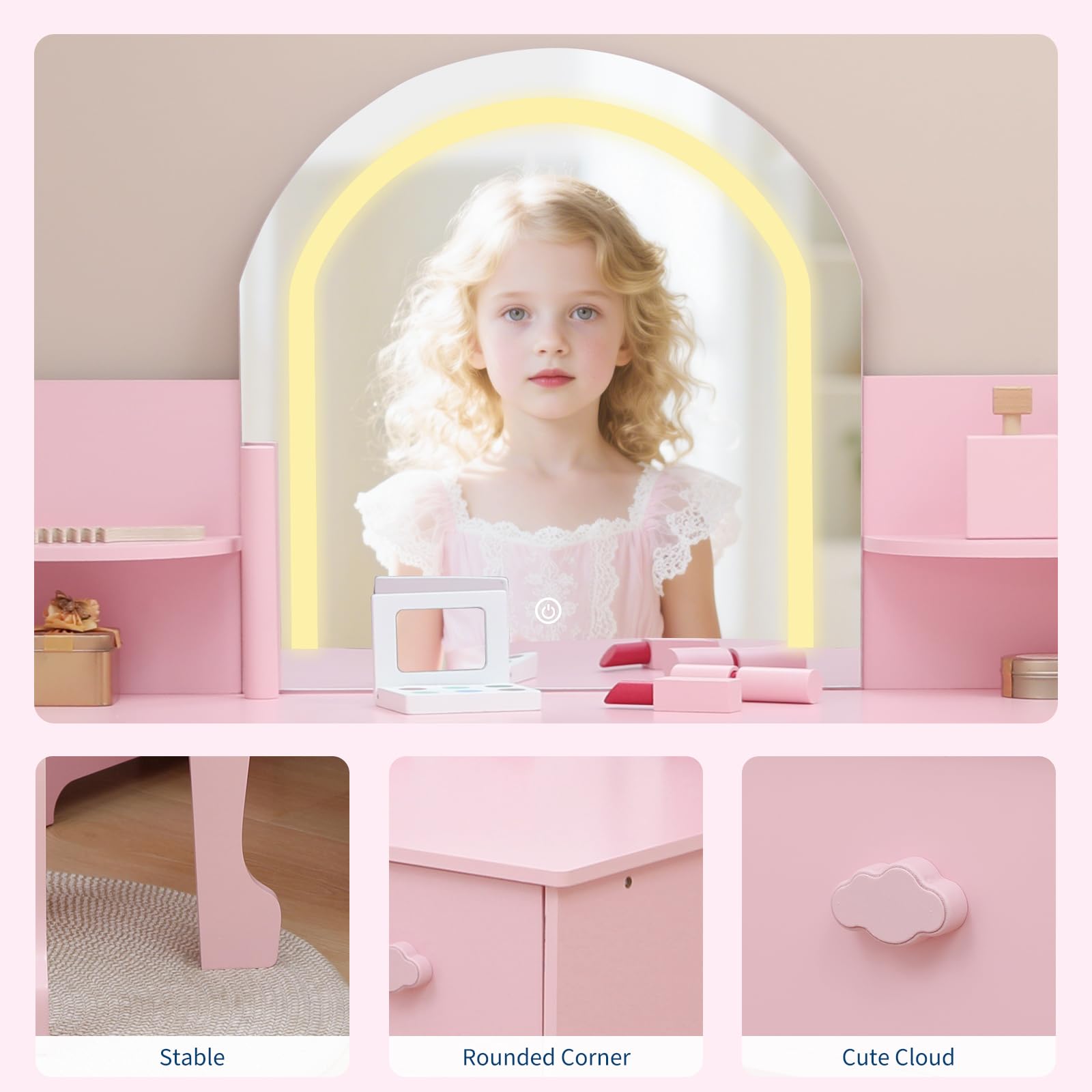 Coiffeuse Enfant Fille avec Miroir LED Lumineux et Tabouret, Bureau Enfant 2 en 1 avec Tiroir et Étagères, Coiffeuse en MDF à Bords Arrondis pour Chambre d'Enfant, Cadeau pour Fille de 3 à 8 Ans