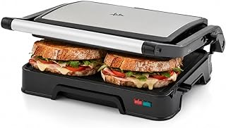 JATA JEGR1124 - Parrilla eléctrica y grill con placas rayadas antiadherentes de 23 x 14,5 cm. 1000 W. Cocina todo tipo de alimentos. Tapa superior basculante. Apertura 180º. Clip de cierre