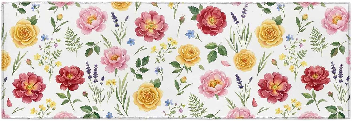 Kitchen Mats for Floor Pastoral Rose Spring Fern Leaves Washable Non Slip Kitchen Rugs 1PCS, Country Lavender Wild Flower Absorbent Standing Mats for Sink Bathroom Office Living Room 23.6x70.9in