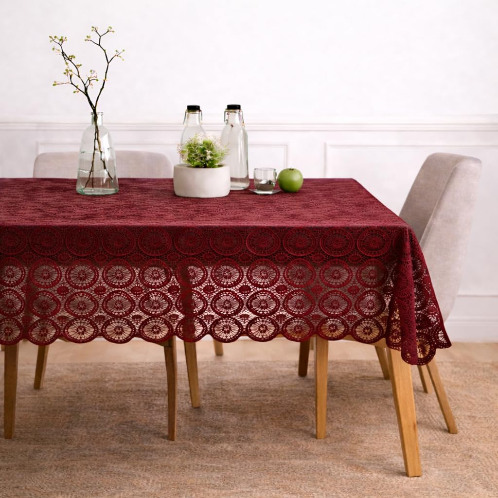 STITCHNEST Cotton Net Table Cover for 2–4 Seater Dining Table | Decorative Lace Design | |40x60 Inch Rectangular Center Table Cloth | Red | Pack of 1