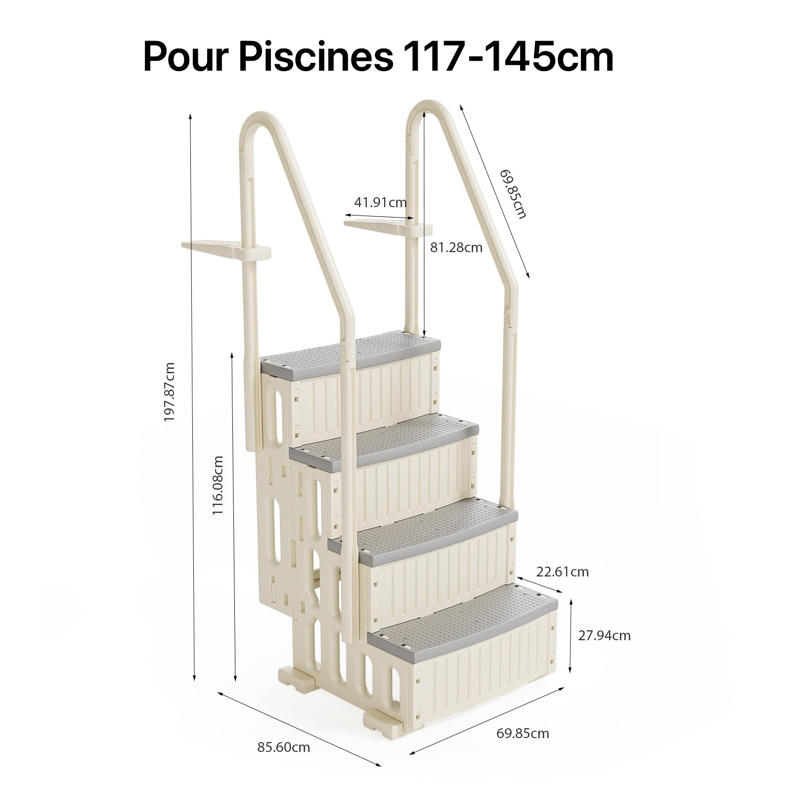 BONNLO Échelle de Piscine Antidérapante PE, Escalier de Piscine, Adaptée aux Piscines Hors Sol et Creusées Intérieur Extérieur, Blanc Cassé (Blanc + Pédale Grise, 4)
