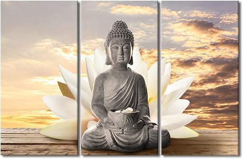 Vista 4 de TUMOVO Wall Art for Living Room Buddha Sculpture Flower Paintings Canvas Wall Art 3 Panel Wall Art Canvas Artwork Wall Decor Large Wall Decor Canvas