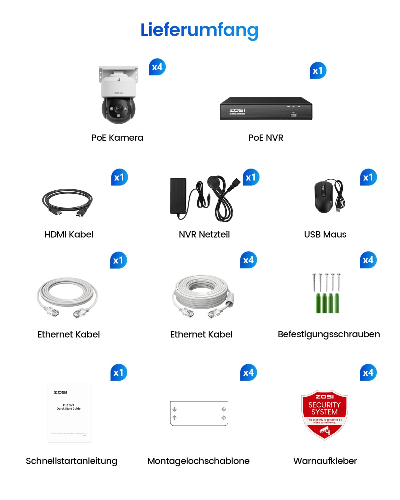 ZOSI 4K PoE PTZ Überwachungskamera Set Aussen, 4X Dome Kamera, 8CH 2TB NVR