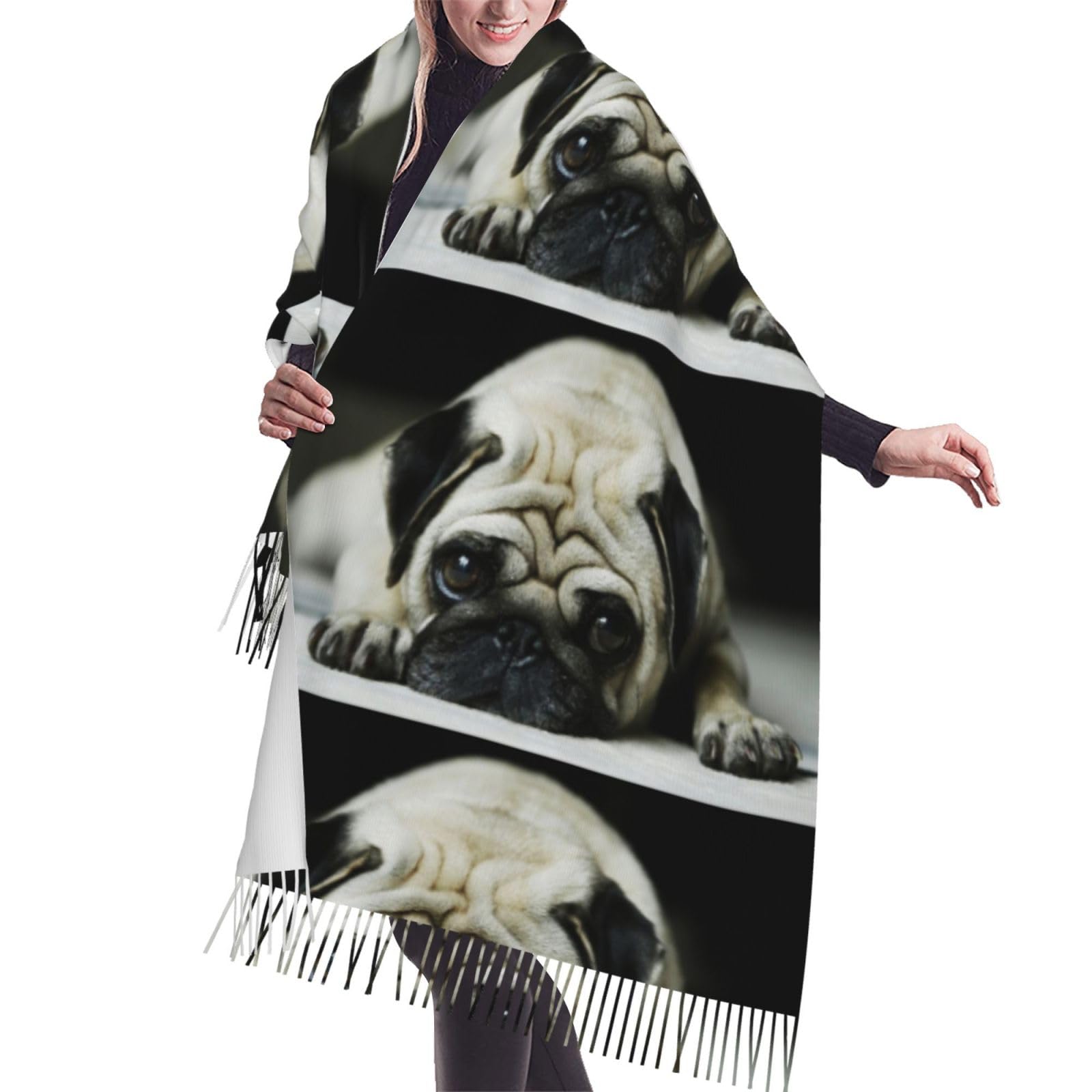 Gratka Unisex As Picture Scarf,Pug Dog, Fringed Scarf Large Warm Soft Cashmere Feel Shawls Wraps 196X68 Cm