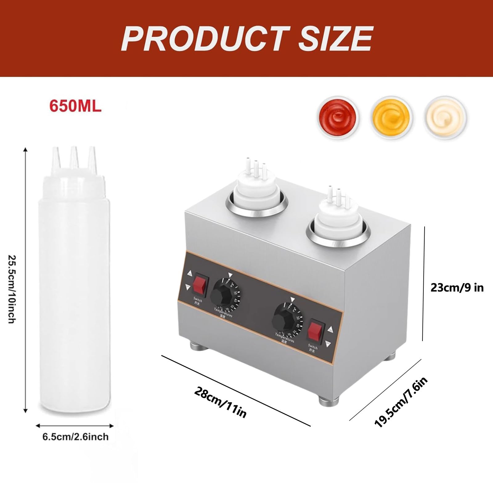 Calentador Comercial De Chocolates, Calentador Eléctrico De Botellas Para Salsa De Chocolate Caliente, Dispensador De Queso Para Nachos, 650-2600ml, Temperatura Ajustable 30-85℃ / 86-185℉ 2grid