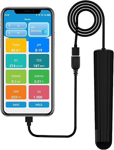 Smart Bluetooth Aquarium Water Tester 7-in-1 pH Meter Fish Tank Monitor | Portable 7-in-1 Smart Bluetooth Aquarium Water Quality Monitor for pH, TDS, EC, ORP, Temp, Salinity, SG Real-Time Tracking
