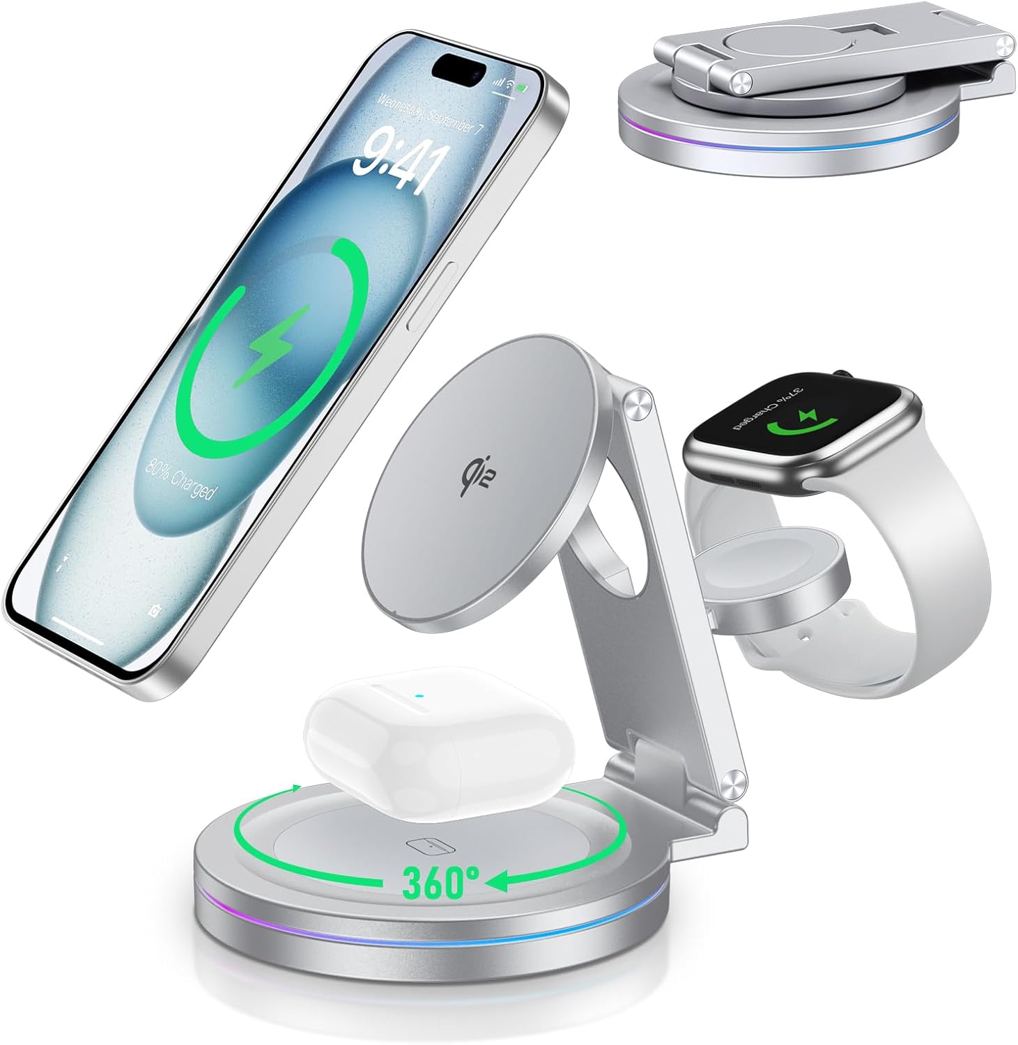2025 Upgraded Qi2 Foldable 360o Rotatable Zinc Alloy 3 in 1 Magnetic Wireless Charging Station,3-in-1 Qi2 Charger for Apple iPhone 12~16,iWatch,AirPods(30W Adapter & Case Included)(Silver)