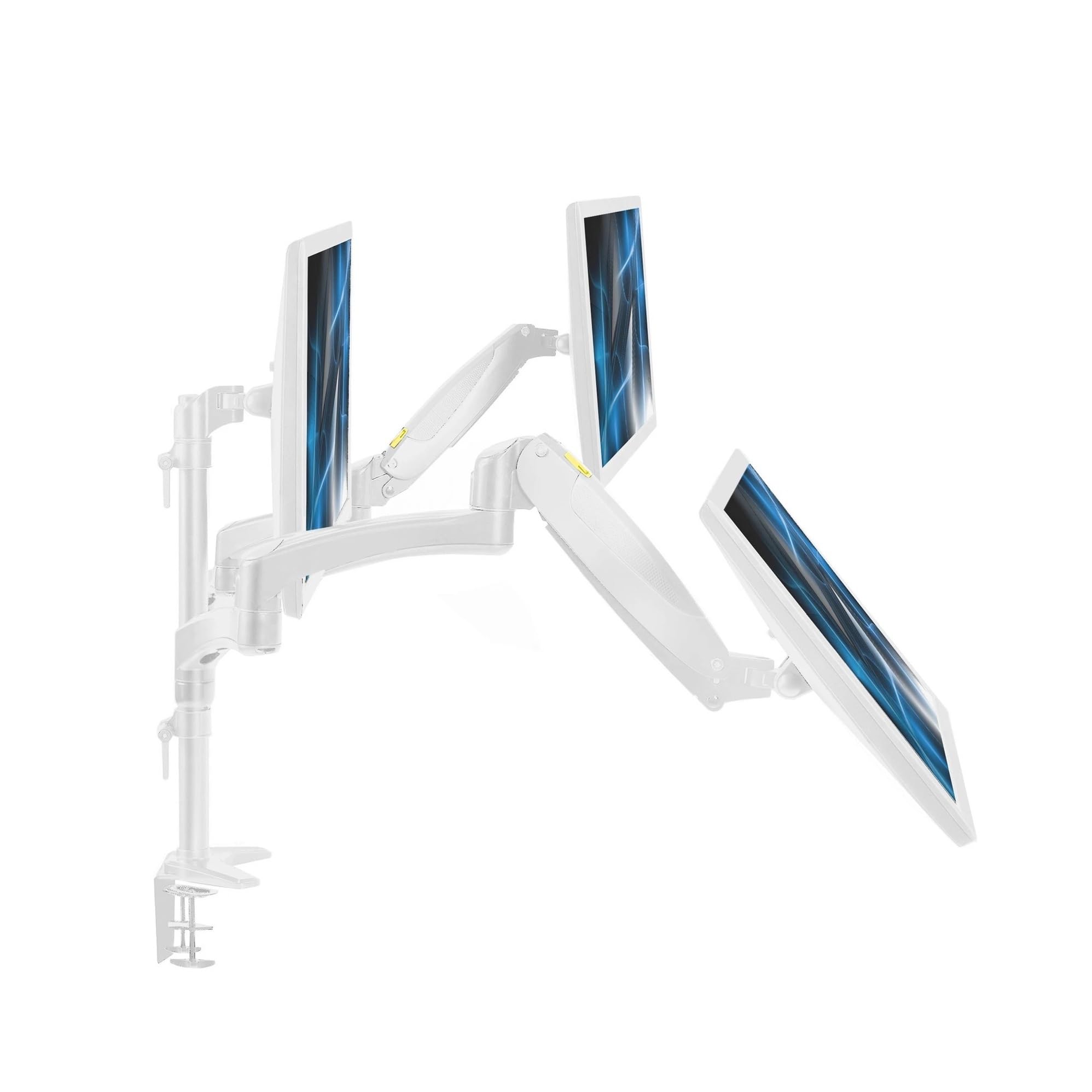 Support triple écran blanc articulé avec bras pneumatiques pour 3 moniteurs PC de 32 pouces