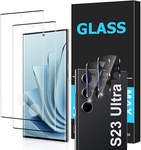 Paquete de 2+2 Protector de pantalla de vidrio templado para Galaxy S23 Ultra y protector de lente de cámara, vidrio 9H para S23 Ultra 5G,