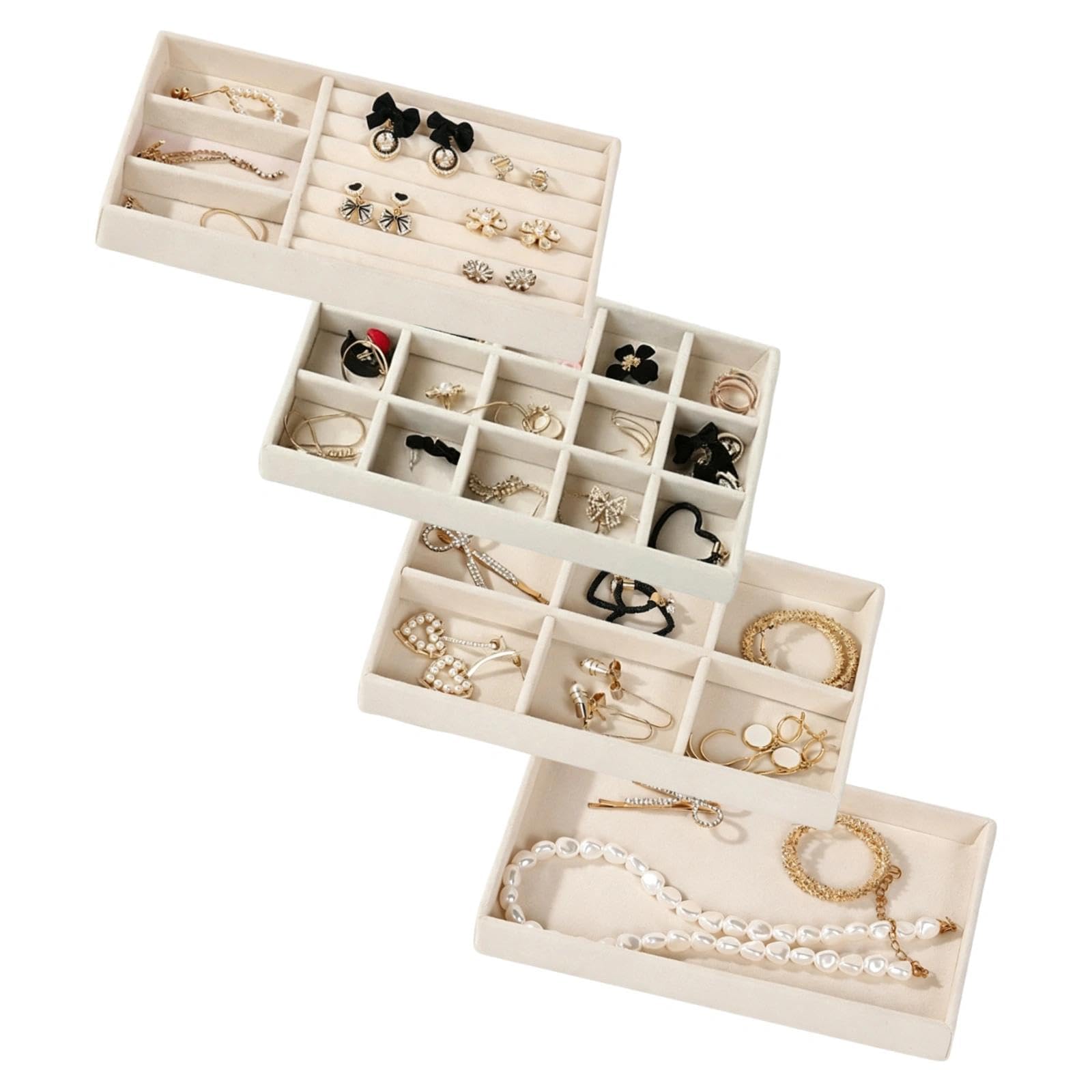 HAOXIZI 4 Pcs Premium Velvet Jewellery Organiser Trays, Stackable Jewellery Drawer Organiser for Earrings, Rings, Necklaces and Bracelets, Elegant Jewellerys Storage Display Tray for Women (Beige)