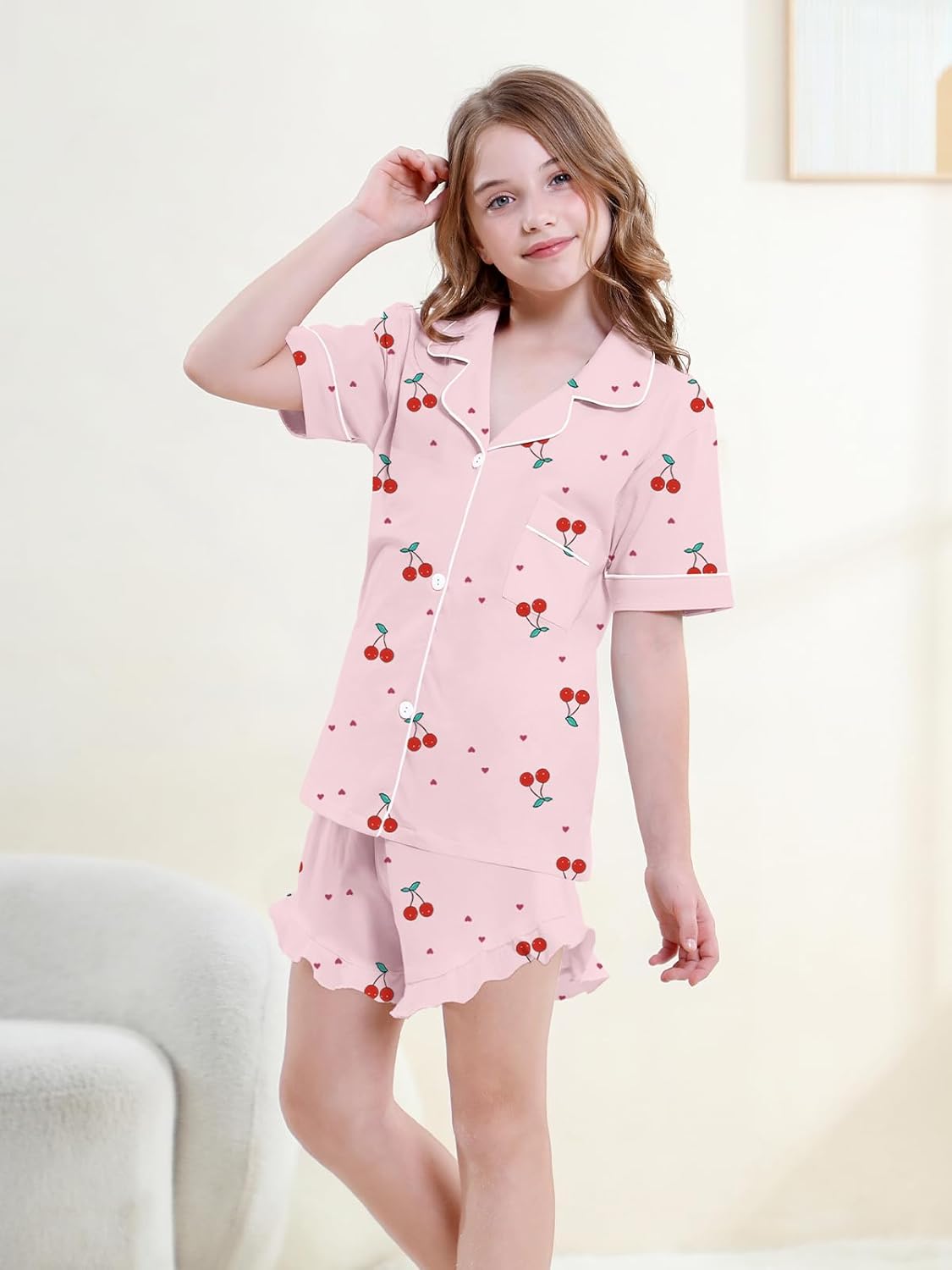 QZH.DUAO 3 Piece Girls Pajama Sets 100% Cotton Ruffle Long Pants with Shorts Sleepwear 3pcs Button Down PJs 5-14 Years - Image 3