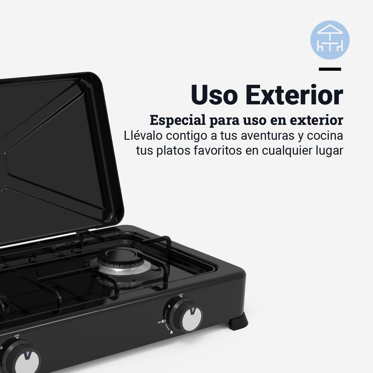 UNIVERSALBLUE Hornillo de Gas Portátil | Placa Cocina 2 Fuegos Negra | Camping, Acampada o Picnic
