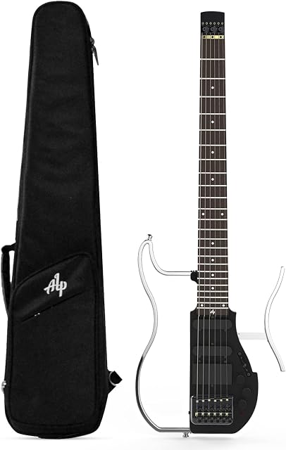 Asmuse Foldable Travel Headless Electric Guitar with Built In Headphone Jack Full-Scale Overhead Guitar ALP AD-80 Ultra-Light Portable and Rechargeable with USB Cable and Gig Bag