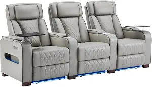 Luxury Home Theater Seating – Power Recliner with Adjustable Headrests, Blue LED Ambient Lighting, Tray Table, USB & Type-C Charging (Grey, 3 Seat)