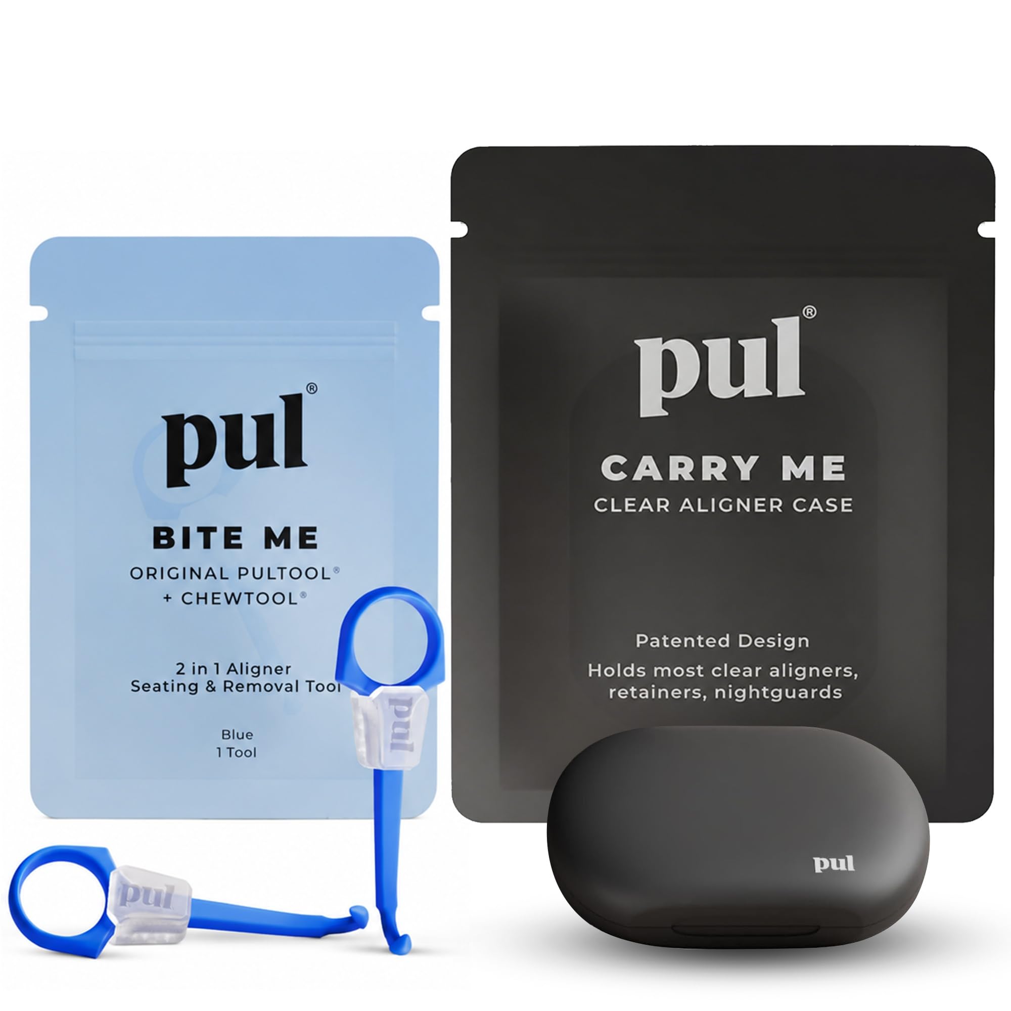 PUL Aligner Care Convenience Kit – Case + 2-in-1 Tool for Invisalign, Retainers, Partial Dentures, Mouth &amp; Night Guards &amp; More – Gray Case &amp; 2-Pack of Blue Aligner Seating Chewie &amp; Removal Tool