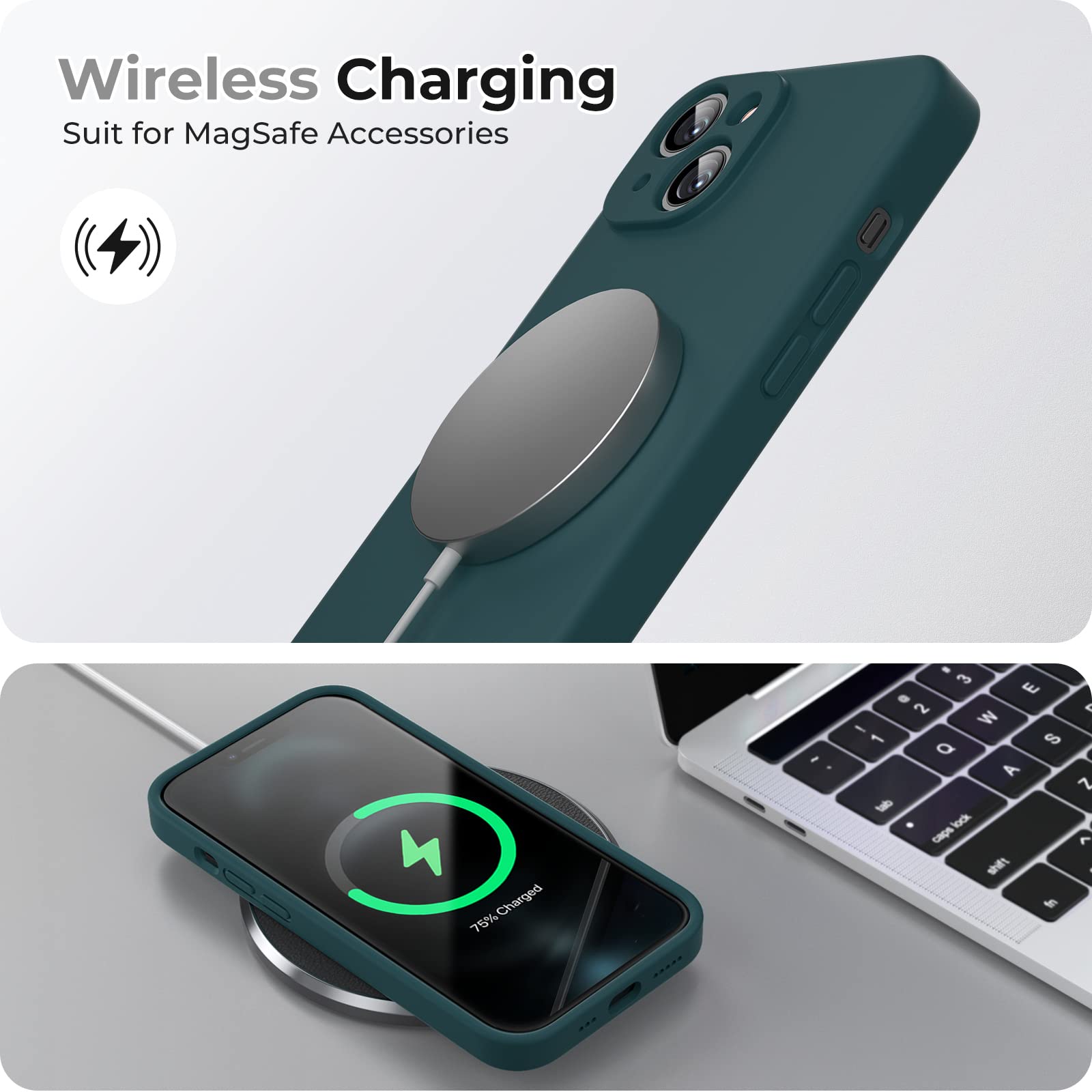 GOODVISH 3 in 1 Cover in Silicone per iPhone 14 6,1'' (2022), con 2 Pezzi di Pellicola Protettiva, Custodia per Cellulare Ultra Sottile Antiurto Resistente Protezione Fotocamera, Verde Scuro