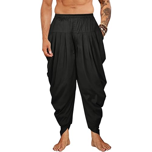 PASLTER Mens Kaftan Linen Cotton Pants Casual Kurta Elastic Waist Harem Baggy Yoga Pants Loose Fit Boho Hippie Trousers