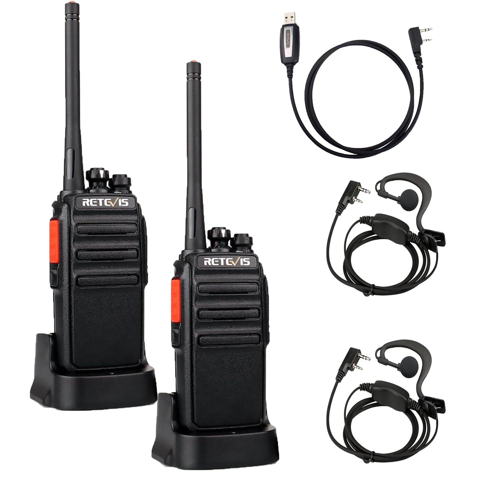 Retevis RT24 Walkie Talkie Recargable Bundle with Cable de Programación USB, Estándar K 2 Pin, PMR446 sin Licencia con Pinganillo, Cargador USB, para Adultos, Senderismo (1 Par + 1 Cable)