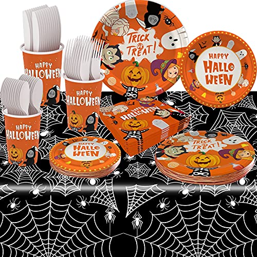 169Pcs Halloween Plates Cup Napkins Cutlery And Tablecloth For Serve 24 Disposable Tableware Paper Plates Napkins Cups Plastic Spoons Forks Knives Tablecloth Perfect Halloween Party Supplies Orange #TOP19