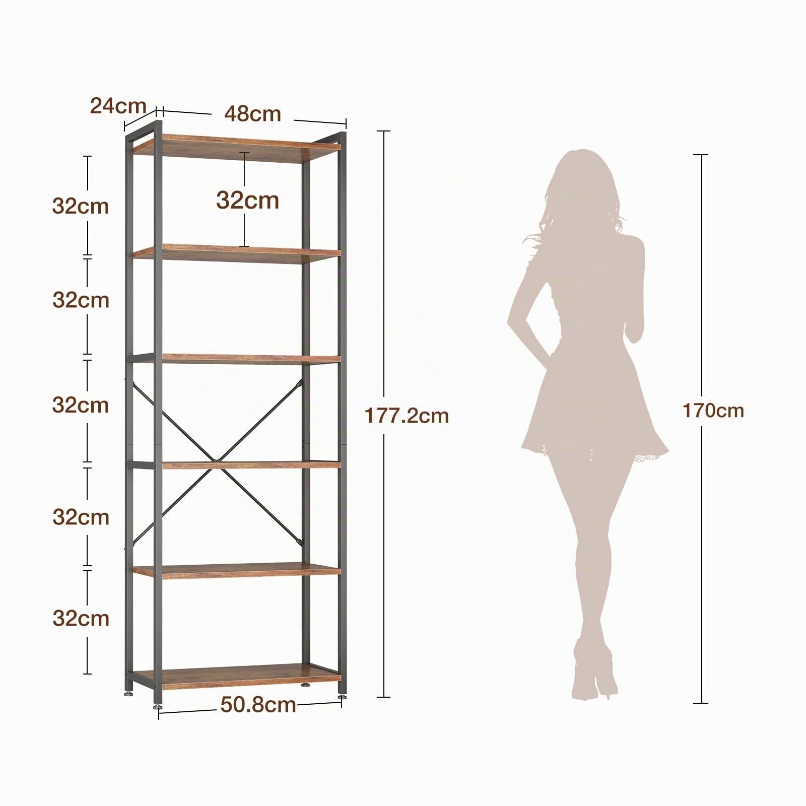 Coleshome Scaffale 6 Ripiani Libreria, Verticale Salvaspazio 177cm Marrone | Scaffale 51cm Anti-Ribaltamento Compatto Salvaspazio Esporre Libri Piante Decorazione Soggiorno Camera Ufficio