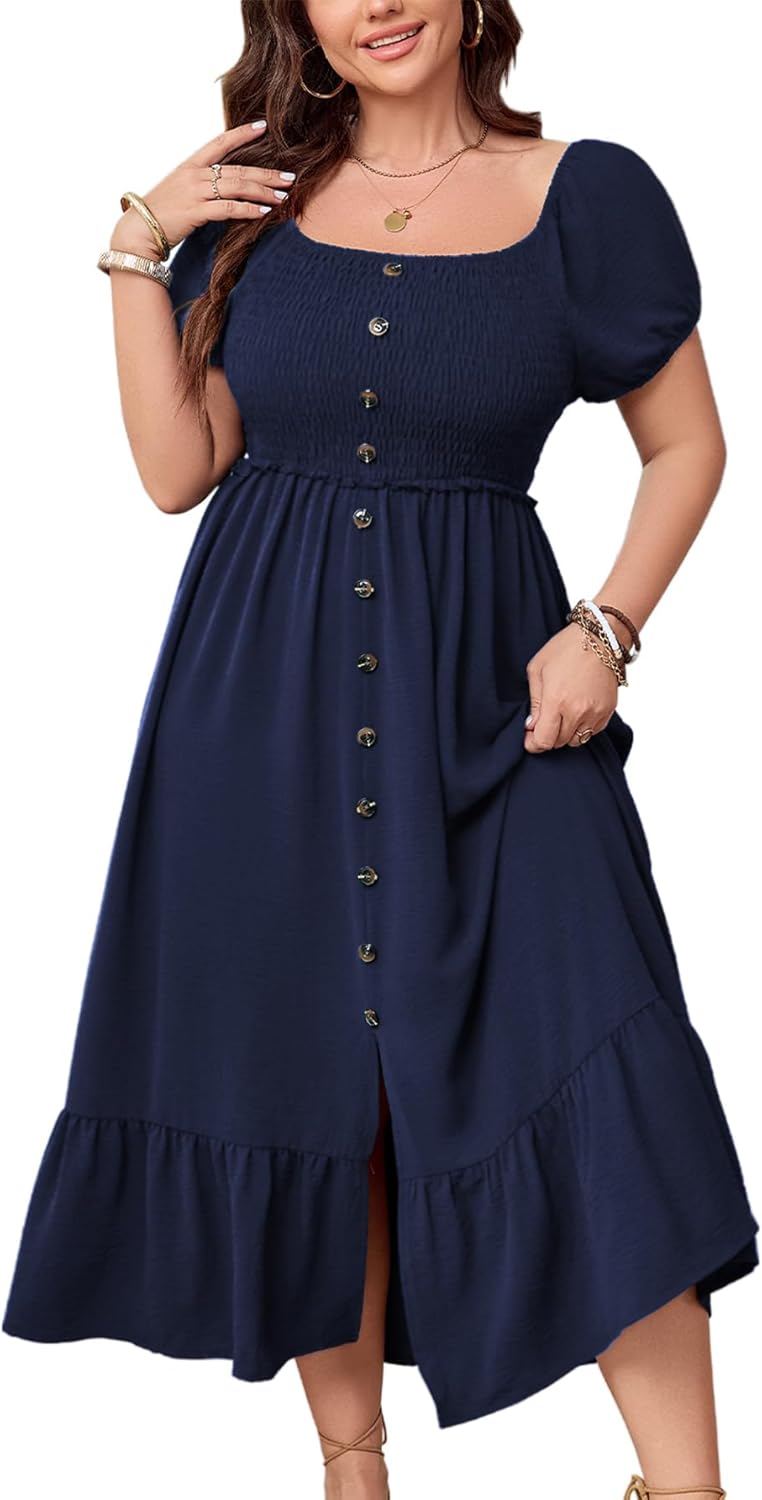 SCOMCHIC Womens Plus Size Summer Dresses Short Sleeve Square Neck Button Down Smocked Casual Ruffle Slit Maxi Boho Dress