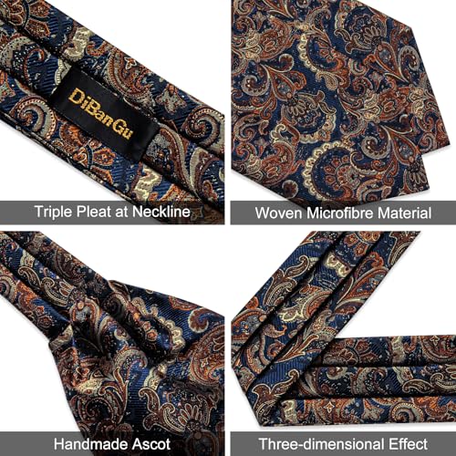 Image of DiBanGu Mens Silk Ascot Ties Paisley Jacquard Woven Cravat and Pocket Square Cufflinks with Lapel Pin for Business Wedding