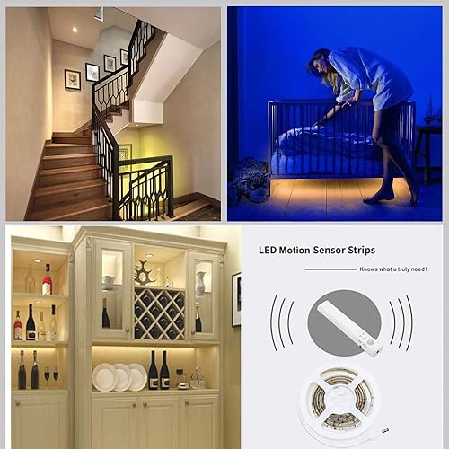 Miniatura 5 de Luz de armario con sensor de movimiento, tira de luces LED de 4.9 ft, encendido y apagado automático PIR, funciona con pilas, 6000 K blanco para
