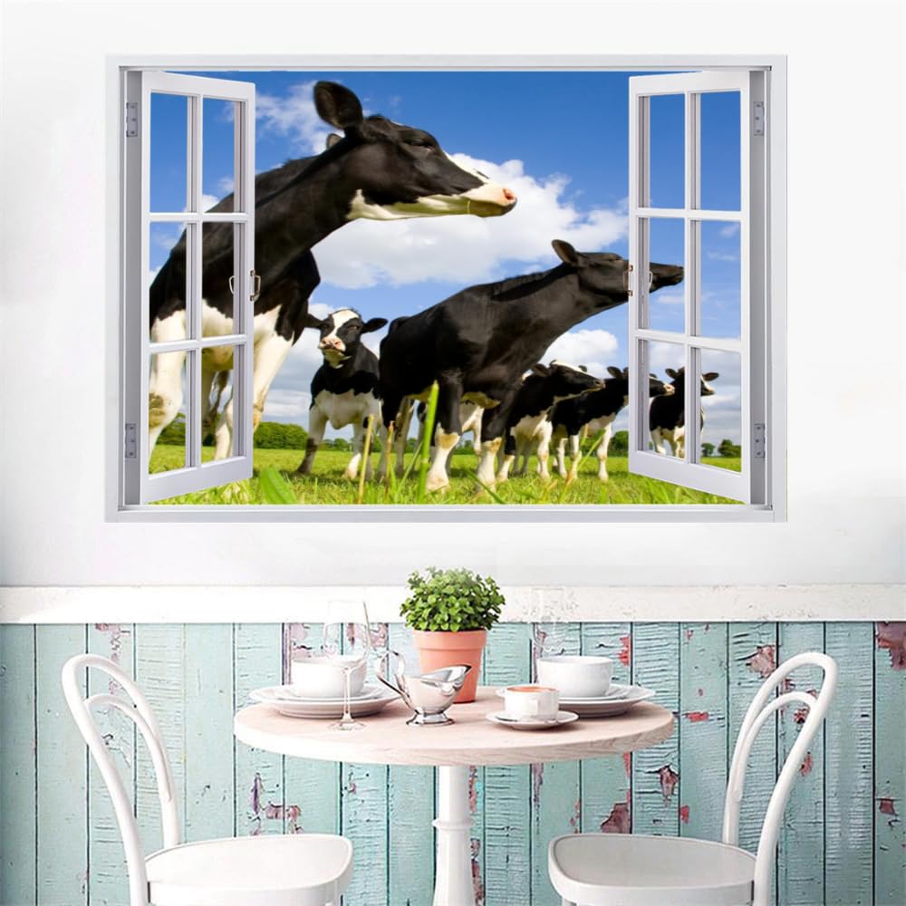 Pegatinas De Pared Murales Calcomanías, Vaca Lechera Tatuaje De Pared 3D Roto, Cielo Azul Y Nubes Blancas. Vinilo De Pared Para Decoración De Arte Del Hogar, Decoración De Habitación De Niños 120x80cm