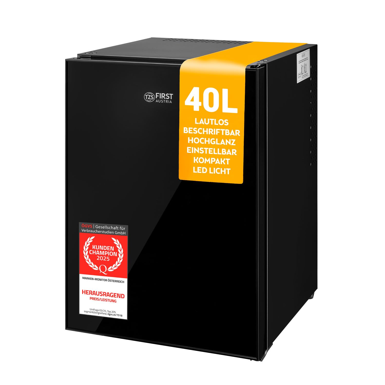 TZS First Austria - Mini Kühlschrank 40L lautlos - Kleiner Minikühlschrank wechselbarer Türanschlag & Innenbeleuchtung - Minibar für Camping, Büro, Schlafzimmer & Hotel - Glasfront