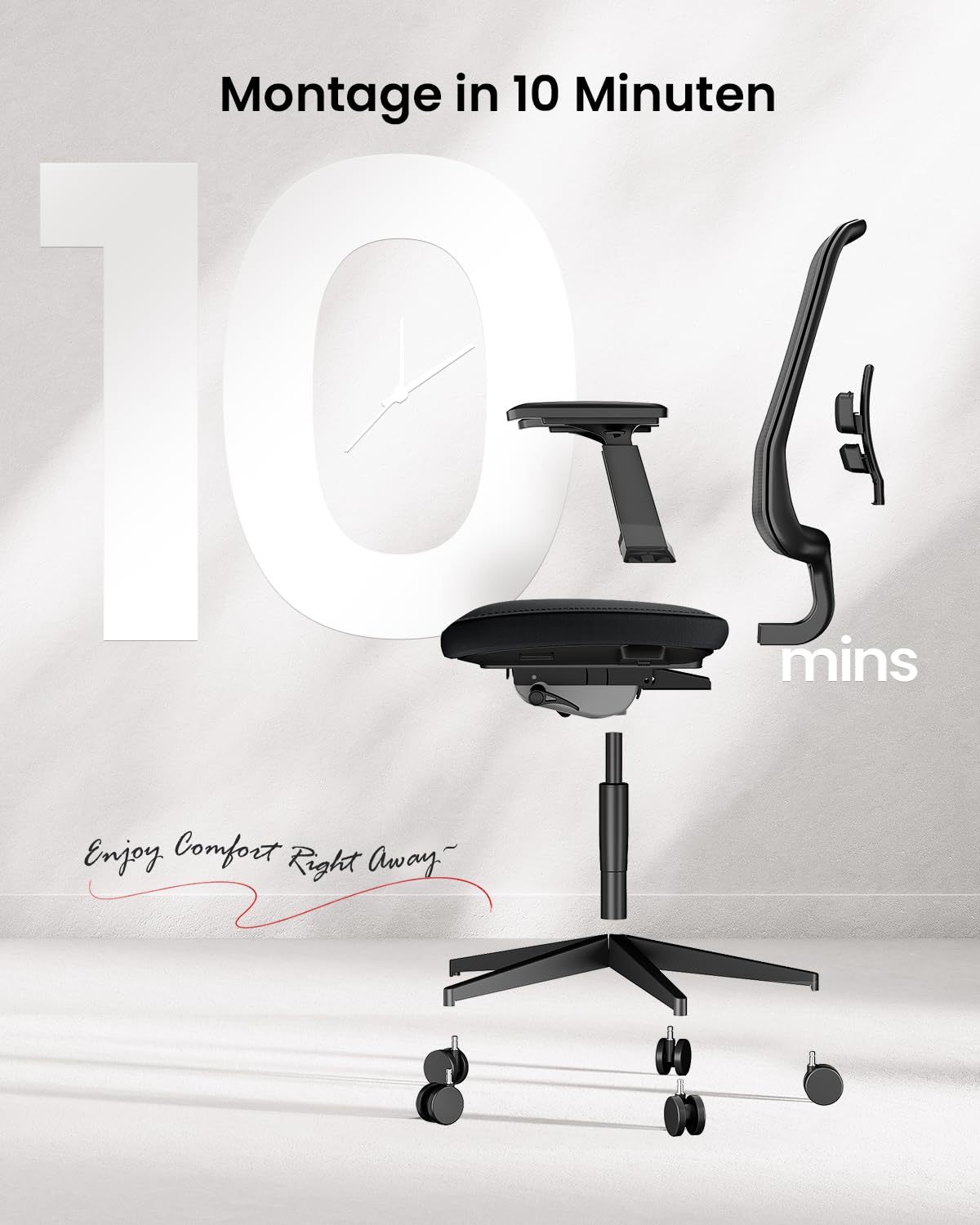 ProtoArc Flexer Ergonomischer Bürostuhl – Schreibtischstuhl mit Sitztiefenverstellung, konturiertem Sitzkissen und atmungsaktiver Netzlehne für Home Office und Büro, einfache Montage, Schwarz