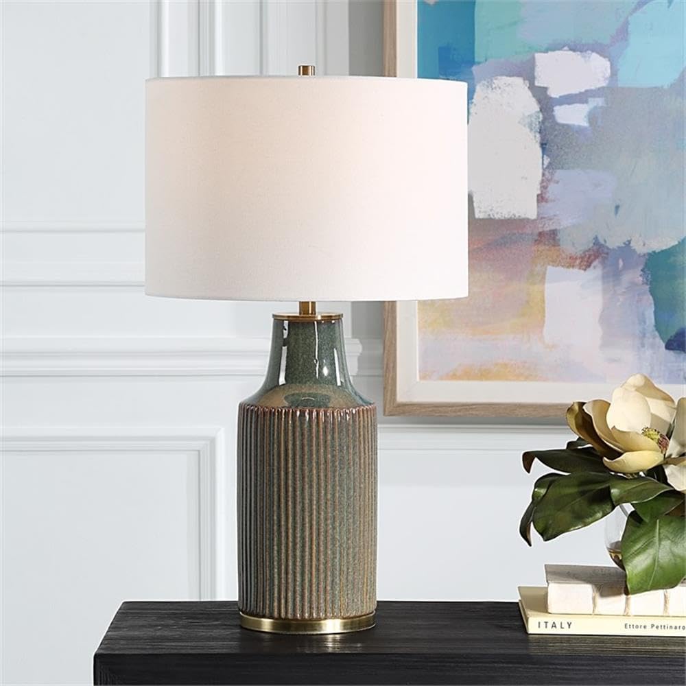 BOWERY HILL Ceramic Table Lamp, 26.75" H x 15" W x 15" D, Bluish Green with Rust Undertones, Brushed Brass Accents, White Linen Shade, Casual Design for Living Room or Bedroom