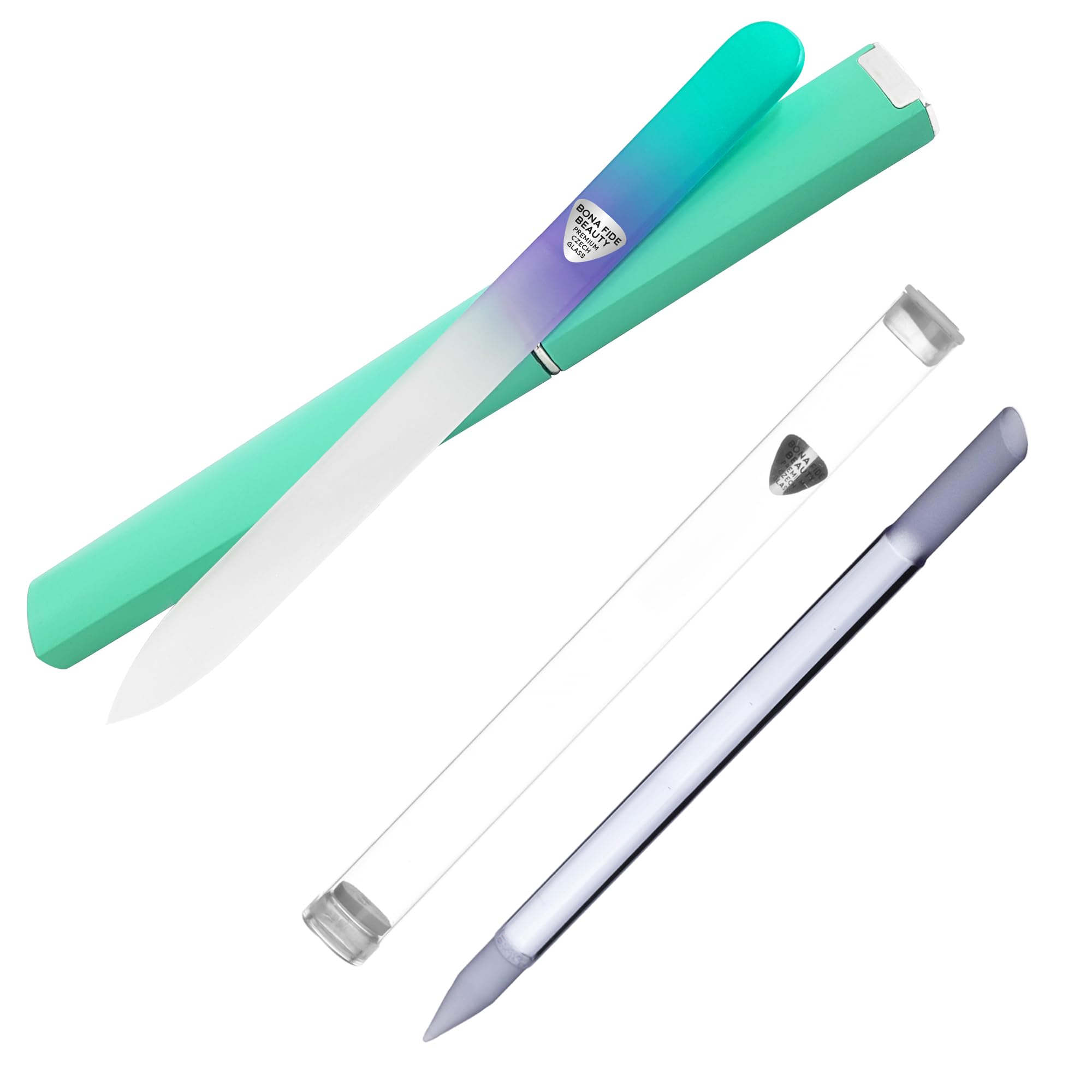 BONA FIDE BEAUTY Pastel Czech Glass Nail File with Hard Case and Blue Glass Cuticle Pusher Bundle