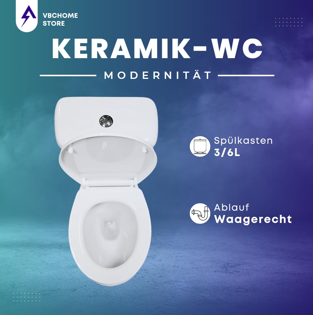VBChome Stand- WC Toilette Keramik Komplett Set mit Spülkasten WC- Sitz aus Polypropylen mit Absenkautomatik SoftClose-Funktion Abgang Waagerecht WC Spülrandloses Hygienisch Ästhetisch