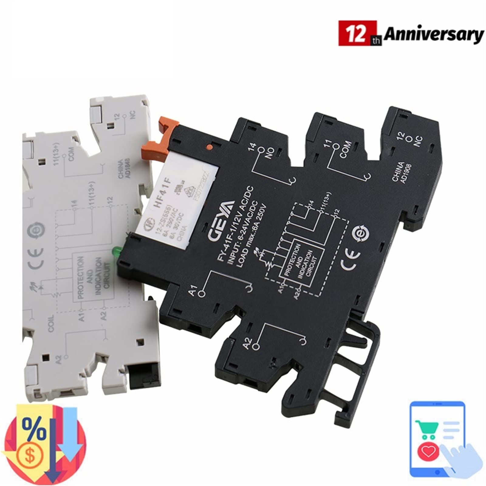 Cienki moduł przekaźnikowy na szynie din HF-41F, wbudowany zasilacz do montażu na płytce drukowanej z uchwytem 12 V, 24 V, 48 V, 110 V 230 V, wtyczka 6,2 mm (niebieski 12 VACDC)